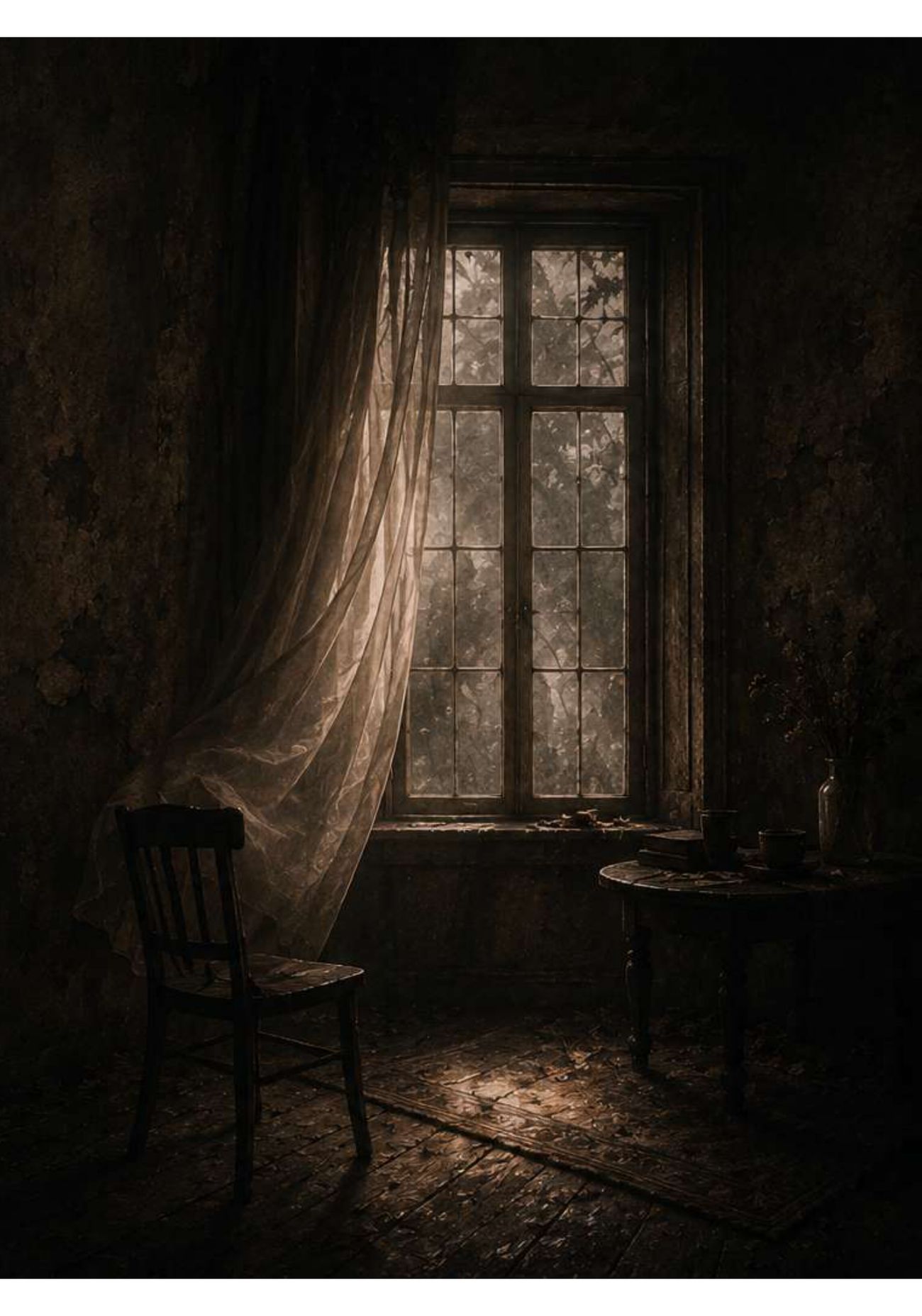 Habitación en penumbra con una silla junto a una ventana por la que entra la luz.